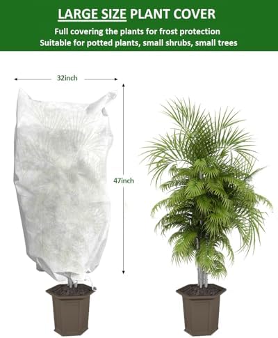 EAONE 12 Pack Plant Covers Freeze Protection, 32x47'' Winter Frosts Cloth for Outdoor Plants, Reusable Frost Blankets Drawstring Bags for Cold Freeze Sun Protection Bird Insect Prevention,White