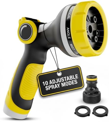 Garden Hose Nozzle, 10 Spray Patterns, Thumb Flow Control, Yellow