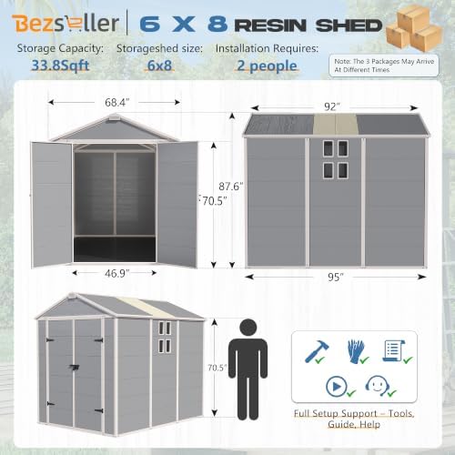 Bezseller 6x8 FT Resin Storage Shed with Floor, Light Grey