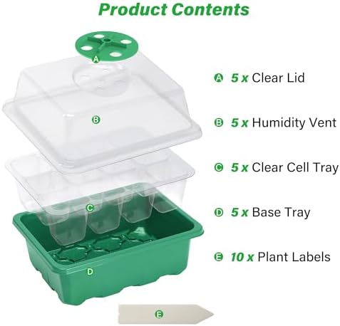 5-Pack Seed Starter Trays, Humidity Dome, Base, 12-Cell Tray, Green