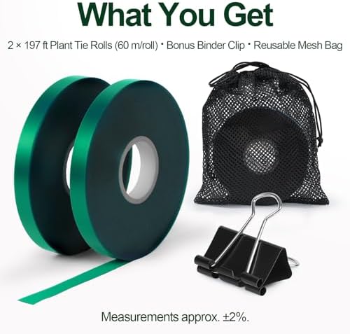 Plant Tie Tape – 2 Rolls (394 ft Total), 0.5" Wide, Non-Adhesive Stretch PVC Garden Ties for Tomato, Vine, Rose & Tree Support, Reusable & Weather-Resistant, Includes Mesh Bag & Binder Clip