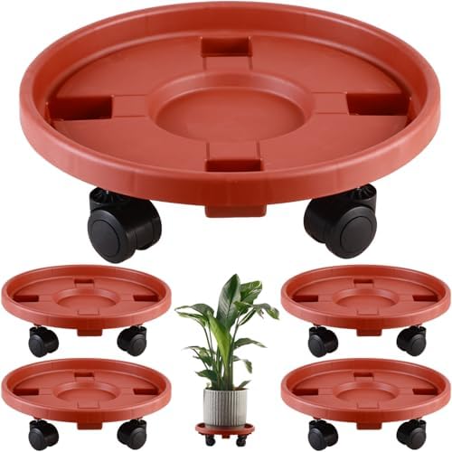 5 Pakcs Large Plant Caddy with Wheels 15.8" Rolling Plant Stands Heavy-duty Plastic Plant Roller Base Pot Movers Plant Saucer on Wheels Indoor Outdoor Plant Dolly with Caster Tray Coaster Red