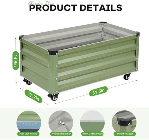 Raised Garden Bed with Wheels, 31.5" x 17.7" Metal Elevated Planter Box with Drip Tray, Mobile Raised Garden Bed with Lockable Metal Casters for Vegetables, Herbs & Flowers (2, Olive Green)