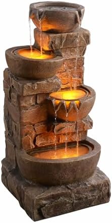 Teamson Home 33.27" Cascading Bowls & Stacked Stones LED Water Fountain for Outdoor Living Spaces, Brown