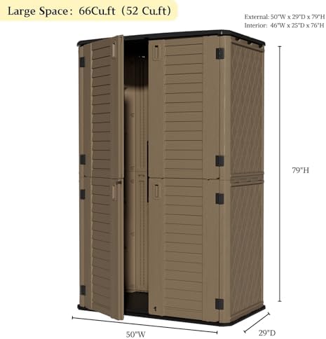 ZZM Large 67 Cu.ft Waterproof Storage Shed, Outdoor Storage Cabinet，Durable Resin Sheds for Patio Furniture, Garden Tools, Pool Accessories, Mower Storage (Coffee)