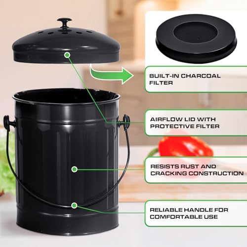 PLASTIC PRINCE Set of 43 Gallon Compost Bin Outdoor and 1.5 Gallon Compost Bin Kitchen with Lid and Charcoal Filter - Dual Chamber Tumbler Rotating - Metal Pail for Countertop, Orange, Black