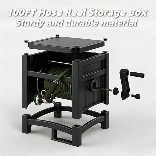 100FT Hose Reel Storage Box, Water Hose Holder,Compact Resin Garden Hose Reel, Mount Outdoor Organizer with Handle for Yard and Garden, Fits Standard 5/8-Inch Hoses, No Assembly Needed,Black