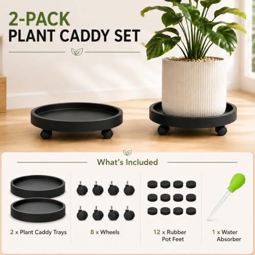 2 Pack 14" Plant Caddy with Wheels, Heavy Duty Rolling Plant Stand Dolly