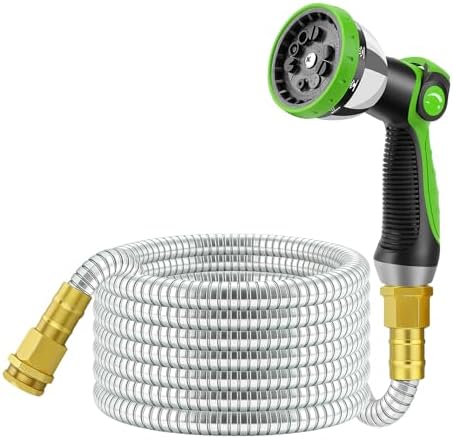 25 FT Stainless Steel Garden Hose with 10-Function Spray Nozzle, Kink-Free Flexible Metal Water Hose, Solid Brass 3/4'' Connectors, Heavy Duty, Durable, Leak-Proof, Lightweight, Tangle-Free
