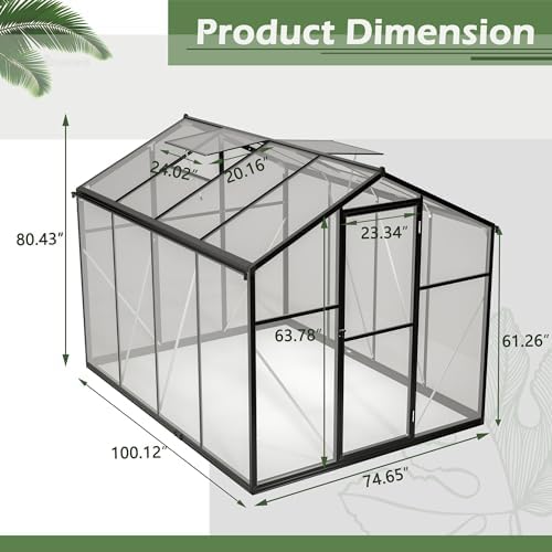 Walk-in Greenhouse for Outdoors Polycarbonate Aluminum Frame Large Garden Greenhouse with Roof Vent Lockable Door Quick Setup Structure for Backyard Patio, 100.1" L x 74.7" W x 80.4" H Black