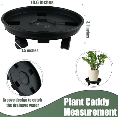 6 Packs 10.6 Inches Small Plant Caddy with Wheels Plant Saucers on Wheels Rolling Plant Stands Heavy-duty Plant Dolly Plastic Planter Roller Base Pot Movers Outdoor Plant Tray Coaster, Black