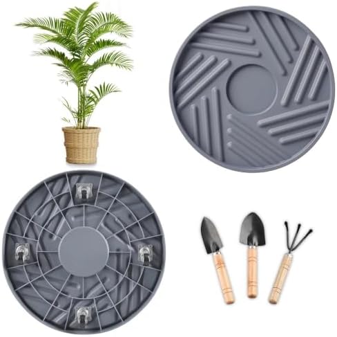 1 Pcs Plant Caddy with Hidden Wheels 14.76 Inch Heavy Duty Rolling Plant Stand, Indoor Outdoor Plant Saucer Tray with $9.9 Garden Tools (Gray)