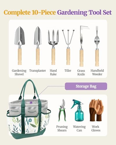 10Pcs Garden Tool Set, Rust-Proof Stainless Steel, Ash Wood Handles, Green