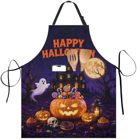 Happy Halloween Aprons Candy Lollipop Cupcake Jack-O-Lantern Kitchen Apron with 2 Pockets Ghost Castle Cooking Apron with Adjustable Neck Strap for Baking Crafting Gardening
