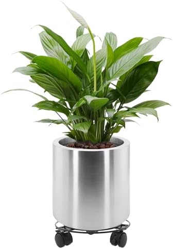 9.8 Inch Dia Round Planter, Modern Indoor Outdoor Large Stainless Steel Plant Pot and Plant Caddy with Wheels for Home Patio Garden, Easy to Clean and Move