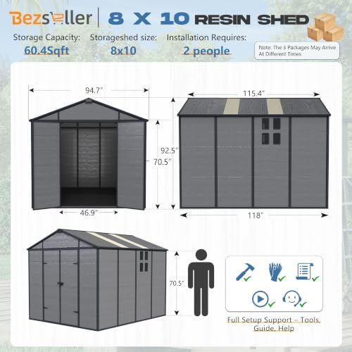 Bezseller 8x10 FT Resin Storage Shed with Floor, Dark Grey