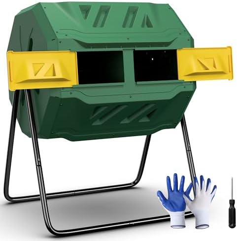 JupiterForce Outdoor Dual Chamber Compost Tumbler 43 Gallon Large Compost Bin Outdoor 360° Rotating Tumbling Composter with 2 Sliding Doors for Kitchen, Garden, and Yard Waste, Green (BPA Free)