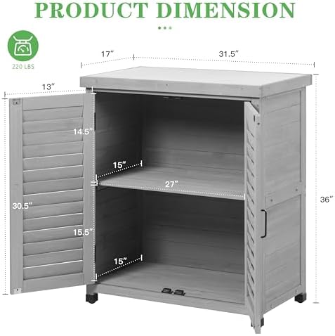Outdoor Potting Bench with Storage Cabinet and Metal Top, Wood Workstation for Outdoor Patio, Garden (Light Grey, 31x17x36‘’)