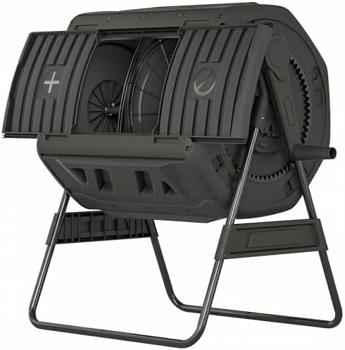 Outdoor Dual Chamber Compost Tumbler – 37" Rotating Compost Bin with Metal Base, UV-Resistant, Easy Assembly, Gardening Kit with Gloves & Tools (Black)