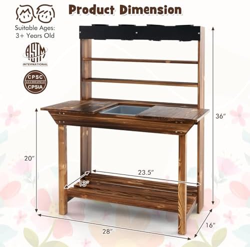 Costzon Kids Potting Bench, Mud Kitchen for Kids Outdoor w/ 4 Pots