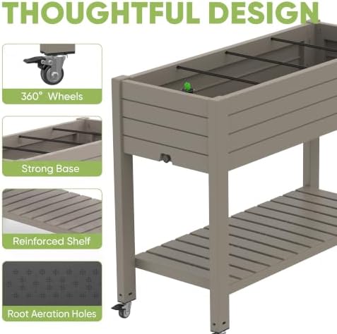 2 Outdoor Patio Raised Garden Bed Elevated Planter Box Resin Plant Stand Gardening with Storage Shelf Legs Wheels Drainage Water Gauge,Grey