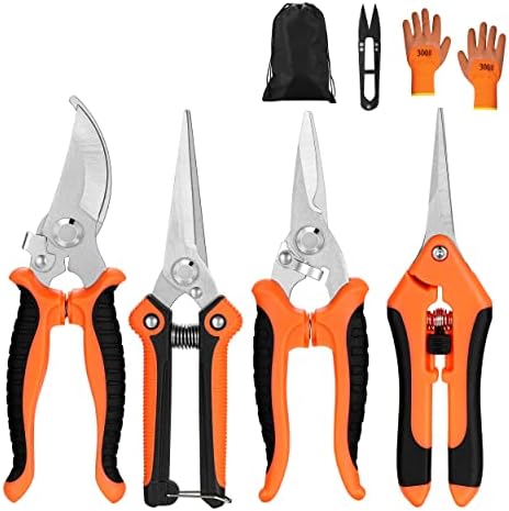 5 pack Garden Pruning Shears Stainless Steel Blades, Handheld Scissors Set with Gardening Gloves,Heavy Duty Garden Bypass Pruning Shears,Tree Trimmers Secateurs, Hand Pruner (Orange)