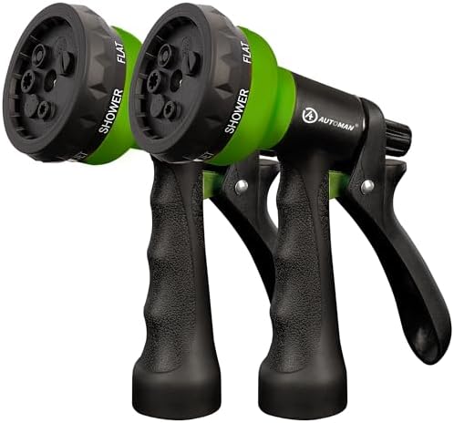 AUTOMAN-Garden-Hose-Nozzle, 2 Pack ABS Water Spray Nozzle with Heavy Duty 7 Adjustable Watering Patterns,Slip Resistant for Watering Plants,Lawn& Garden,Washing Cars,Cleaning,Showering Pets - Green