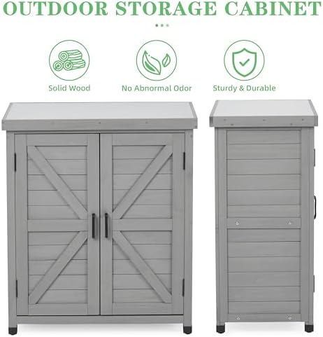 Outdoor Potting Bench with Storage Cabinet and Metal Top, Wood Workstation for Outdoor Patio, Garden (Classic Grey, 31x17x36‘’)