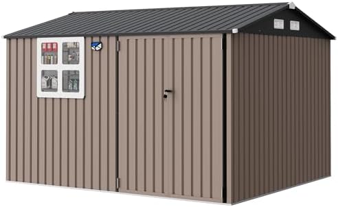 Garvee 8x10 ft Heavy-Duty Metal Storage Shed with Lockable Door & Windows - Galvanized Steel Outdoor Utility Shed with Sloped Roof for Backyard, Garden, Garage, and Patio, Brown