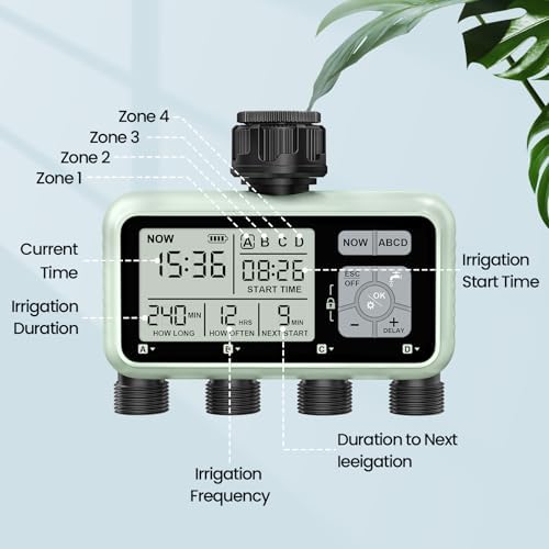 Watering Timer 4 Zone, Sprinkler Timer,Programmable Garden Outdoor Hose Faucet Timer with Rain Delay/Manual/Automatic Watering System,Water Hose Irrigation Timers 4 Outlet for Garden Lawn