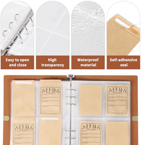 Garden Seed Storage Organizer Binder - 150 Resealable Seed Envelopes Brown Shell with 40 Sheet Protectors for Efficient Seed Packet Organization - Brown
