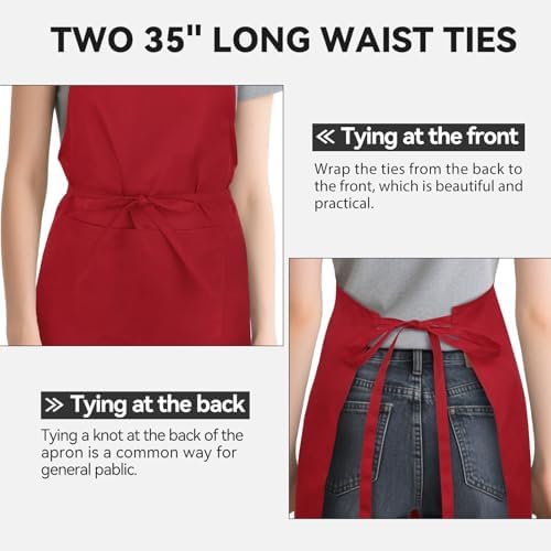 2 Pack Kitchen Aprons with 2 Pockets for Women Men, Chef Aprons for Baking BBQ Cooking, Red