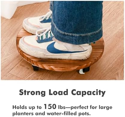 4 Pack Plant Caddy with Wheels Heavy Duty 12 Inch Wooden Plant Stand with Wheels Plant Dolly Rolling Plant Stand Plant Roller with Casters for Indoor and Outdoor with 4 Pack Plant Saucers, Round