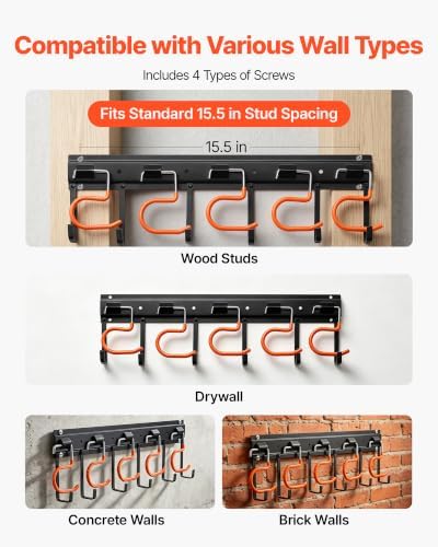 VEVOR Garage Tool Organizer 68 Inch 450 lbs Wall Mount Garden Tool Rack, Heavy Duty Hanging Storage Organization, 4 Rails with 24 Fixed L-Hooks, 20 Adjustable S-Hooks, for Yard Tools, Shovel, Shed