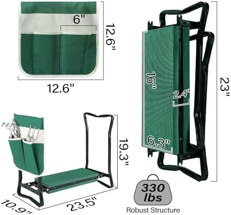 Garden Kneeler Seat with Upgraded Thicken Kneeling Pad and 1 Large Tool Pouch, Foldable Stool 330lb Capacity-Protects Your Knees, Clothes from Dirt & Grass Stains