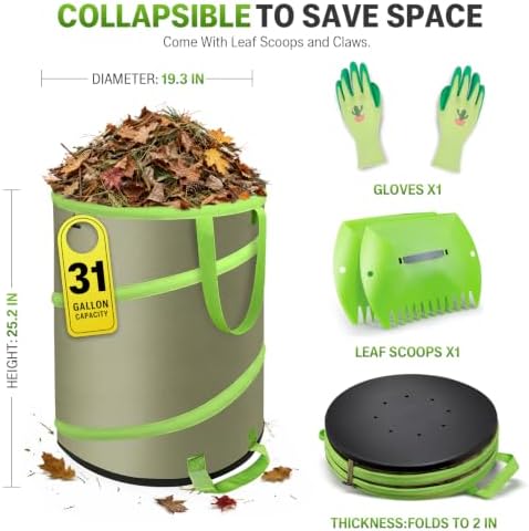 Camping Trash Can, Reusable Pop Up Garden Waste Bag with Hard Shell Bottom, 31 Gallon Heavy Duty Waterproof Yard Waste Bin with Drain Holes, for Lawn, Garden, Camping & Party
