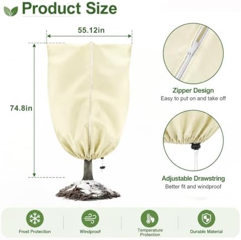 5 Pack Plant Covers Freeze Protection, Frost Cloth Covers for Plant with Zipper Drawstring (55.2" x 74.8") Plant Protection Cover Bags for Outdoor Winter Frost Cold Weather Shrubs Trees Jacket Covers