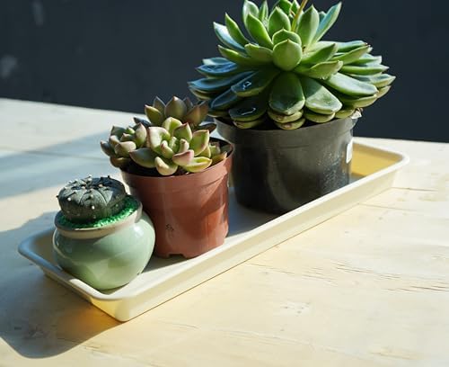VUWEZ 2 Pack Plastic Plant Trays Rectangular 14 inch, Indoor/Outdoor Plant Water Drip Trays for Flower Pot Planter, Windowsill (6.8 X 14.5'', Beige)
