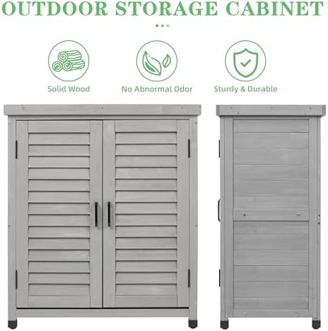 Outdoor Potting Bench with Storage Cabinet and Metal Top, Wood Workstation for Outdoor Patio, Garden (Light Grey, 31x17x36‘’)