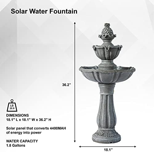 XBrand 36.2" 2-Tier Solar Water Fountain, Outdoor Freestanding Resin Bird Bath with Pump, Gray
