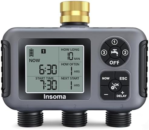 Insoma Water Timer with Brass Inlet, 3 Independent Zones Outdoor Hose Timer for Garden Faucet with Auto/Manual/Rain Delay Mode, IPX5 Waterproof, Sprinkler Irrigation Controller for Yard Lawn