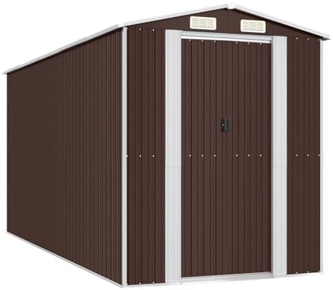 Large Garden Shed 75.6 x 173.2 x 87.8 Inches, Galvanized Steel Outdoor Storage House, Dark Brown Metal Utility Building for Backyard Tools and Gear