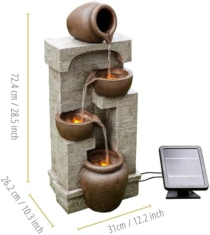 Teamson Home 28 in. Cascading Bowls and Stacked Stones LED Outdoor Water Fountain for Outdoor Living Spaces to Create a Calming Oasis in Gardens and Landscaping, on Patios, Balconies, Lawns, Brown