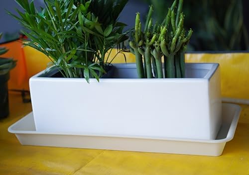 VUWEZ 2 Pack Plastic Plant Trays Rectangular 14 inch, Indoor/Outdoor Plant Water Drip Trays for Flower Pot Planter, Windowsill (6.8 X 14.5'', Beige)