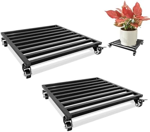 2PCS 18 Inch Plant Caddy with Wheels Lockable Heavy Duty Trolley Large Metal Square Plant Dolly Plant Roller Base Potted Stand Suitable for Indoor Outdoor Plant Pots Black