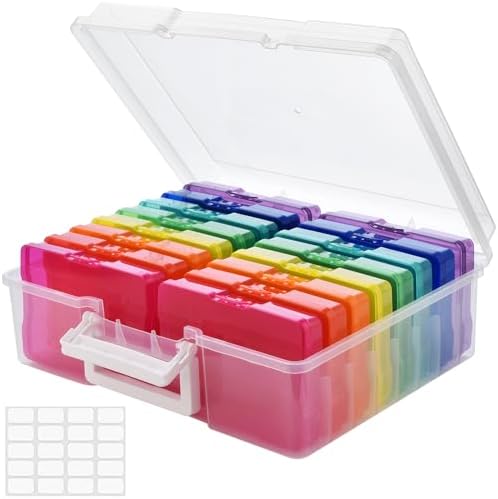 ALINK Photo Storage Box with Handle, 4" x 6" Photo Organizer Storage Container with 16 Inner Case and 1 Sheet Blank Labels for Pictures, Arts, Crafts, Sewing, Seeds, Office Supplies - Colored