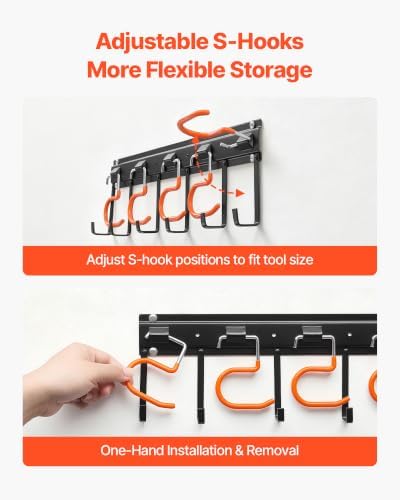 VEVOR Garage Tool Organizer 68 Inch 450 lbs Wall Mount Garden Tool Rack, Heavy Duty Hanging Storage Organization, 4 Rails with 24 Fixed L-Hooks, 20 Adjustable S-Hooks, for Yard Tools, Shovel, Shed