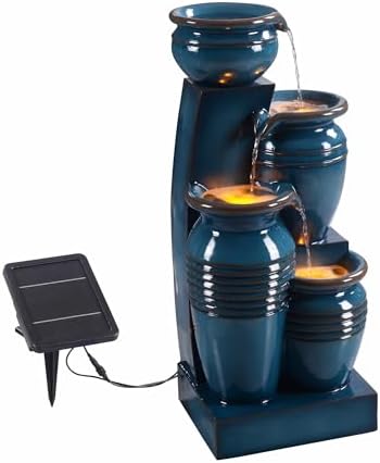 Teamson Home 28.7" 4-Tier Cascading Bowl Solar Powered Water Fountain for Outdoor Living Spaces, Blue