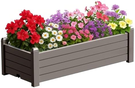Raised Garden Bed, 21 Gallon Self-Watering Outdoor Raised Planter Box with Drainage Plug and Gauge for Vegetables, Flowers and Herbs, Durable Rustproof Resin for Backyard Patio Porch (Grey)