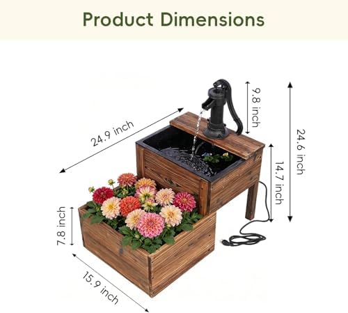 Outdoor Water Fountain with Planter, 2-Tier Cascading Wooden Garden Fountain, Rustic Wood Barrel Water Feature with Electric Plug-in Pump for Patio, Backyard, Porch, Garden, Yard Decor